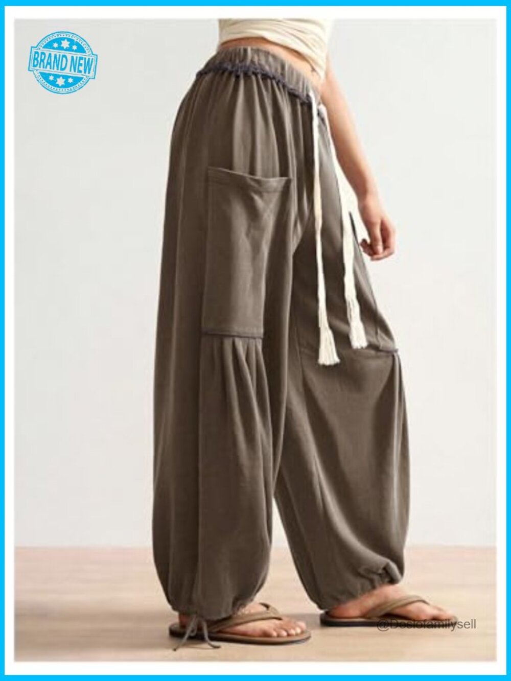 Boho Harem Pants Wide Leg Drawstring Waist Sweatpants Joggers with Pockets Y2K - Picture 4 of 6